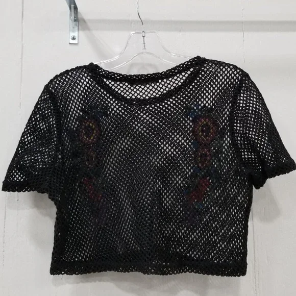 Zara Black Mesh Crop Top with Floral Embroidery. Size M - Picture 3 of 4